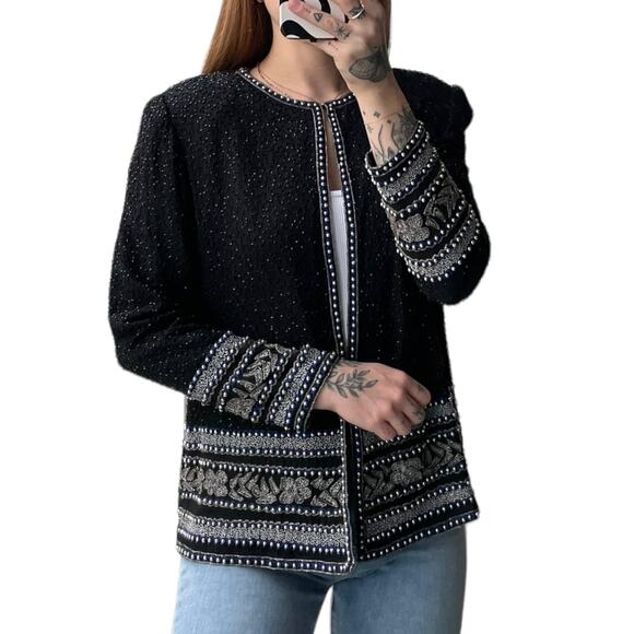 90s Vintage Beaded 100% Silk Evening Jacket Size S Black Blue Party Glam - Picture 1 of 15